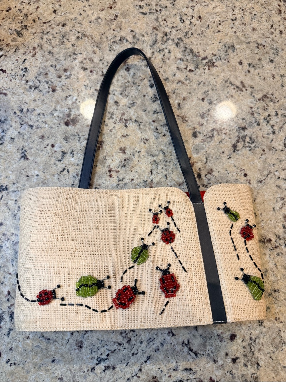 Embroidered Ladybug Straw Tote Handbag - Black Straps
